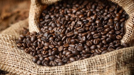 Fototapeta premium Coffee beans in burlap sack with space for text. Coffee background. roasted coffee beans