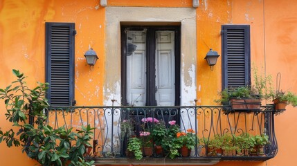 decorative details of houses, such as ornate doors, windows with colored shutters, or flower pots on window sills generative ai