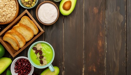 healthy breakfast or brunch corner border on a wood banner background top down view avocado toast...