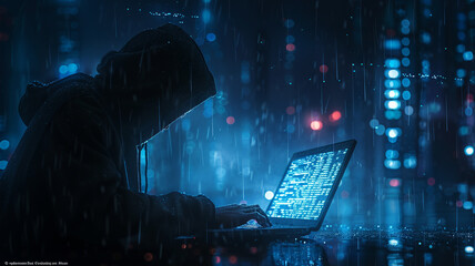 hacker man is sitting in front of a computer with a hood spy criminal password login information online