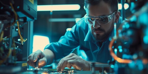 Technician engrossed in assembling or repairing electronic components with focus and dexterity