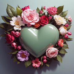 Green Heart Shaped surrounded with beautiful Roses, Valentine's Day illustration on isolated background