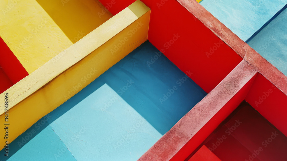 Aufkleber a series of irregular polygons in bold primary colors, scattered on a neutral background for a strik
