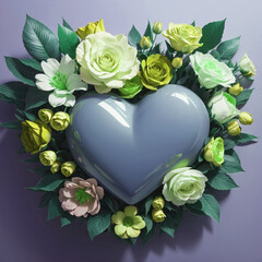 Green Heart Shaped surrounded with beautiful Roses, Valentine's Day illustration on isolated background