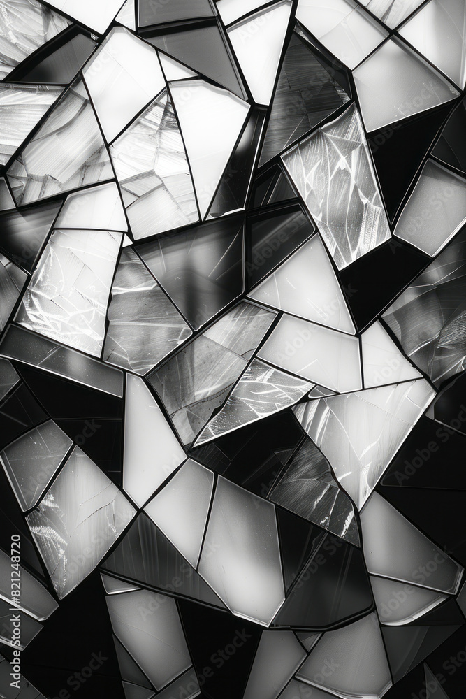 Poster monochrome design with black irregular polygons on a white background, their chaotic arrangement for