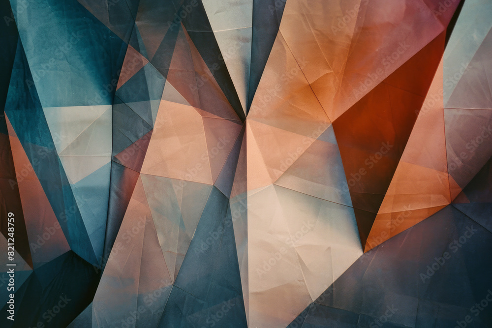Fototapete Abstract depiction of irregular polygons in muted colors, their overlapping edges creating a sense of depth and balance,