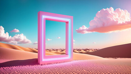 Surreal desert landscape with white clouds going into the portal