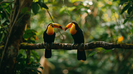 Two Toucans Perched on a Branch in a Tropical Rainforest