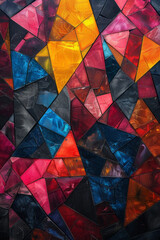 Illustration with irregular polygons in contrasting bright and dark colors, their placement forming a harmonious pattern,