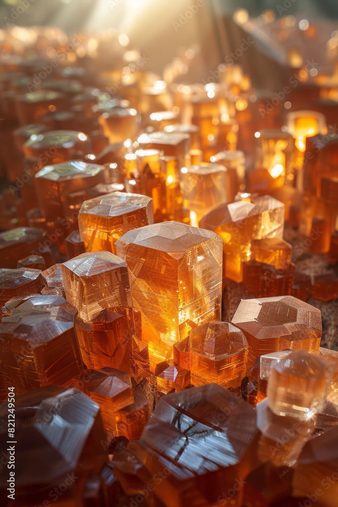 Poster composition of irregular polygons in warm tones, their overlapping edges creating a sense of depth a