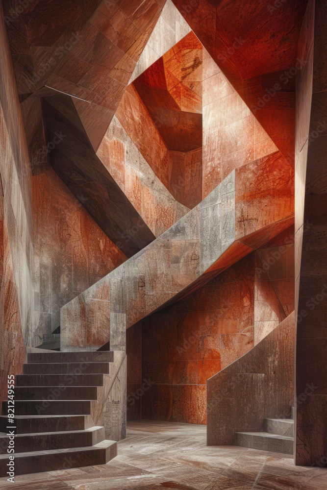 Poster Composition of irregular polygons in warm tones, their overlapping edges creating a sense of depth and balance,