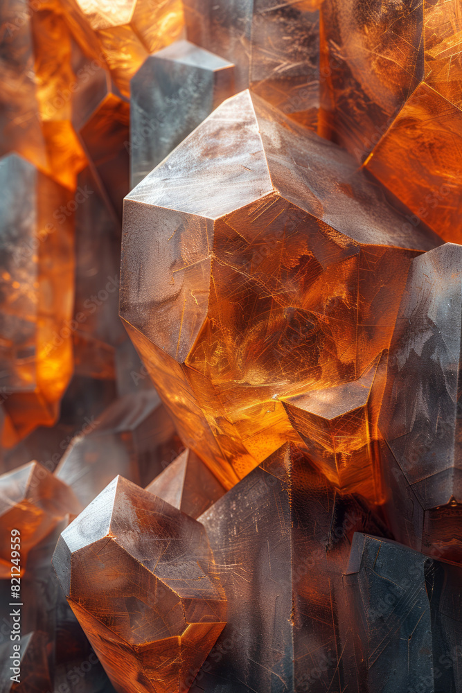 Poster composition of irregular polygons in warm tones, their overlapping edges creating a sense of depth a