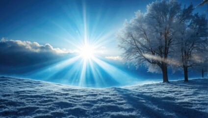  A snowy winter forest with a blue sky landscape with a sun shining behind a tree with the sun shining through the clouds.