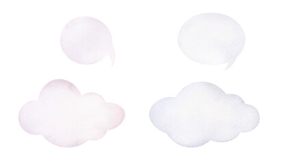 Watercolor illustration of empty speech bubbles, clouds isolated on a white background, hand-drawn. Decorative elements in pastel pink, gray-blue shades for text, design, decoration.