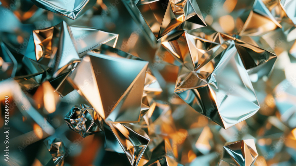 Aufkleber Artwork featuring irregular polygons in metallic shades, scattered to create a balanced and dynamic composition,