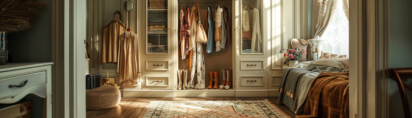 A bedroom with a large closet and a window