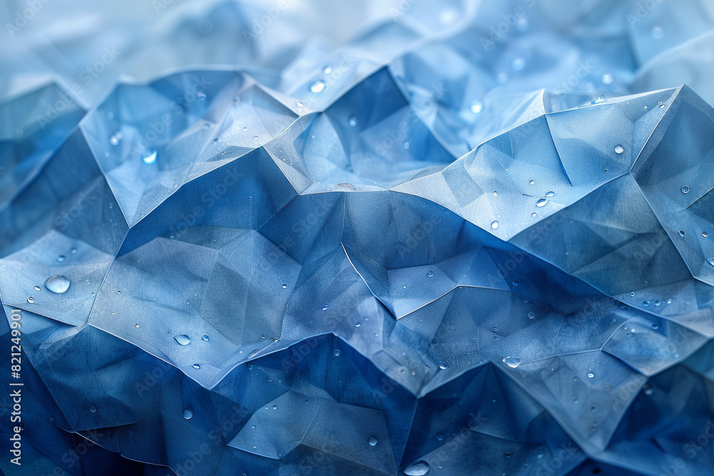 Poster illustration with irregular polygons in varying shades of blue, their placement forming a calming, b