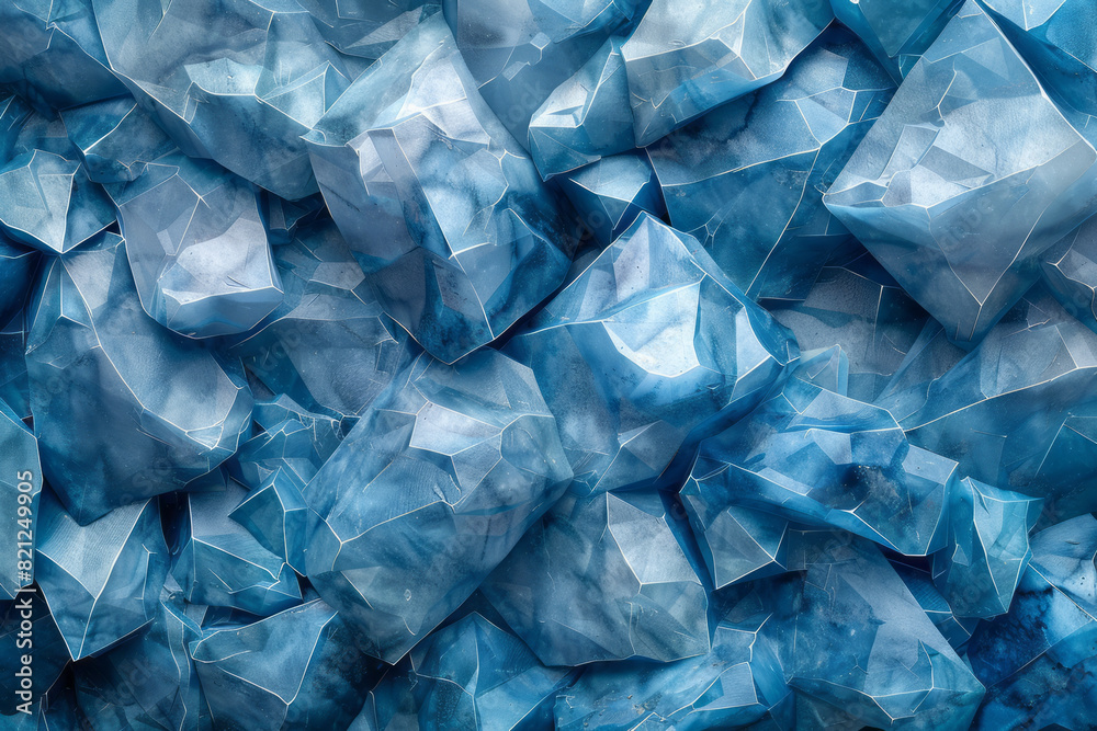 Poster illustration with irregular polygons in varying shades of blue, their placement forming a calming, b