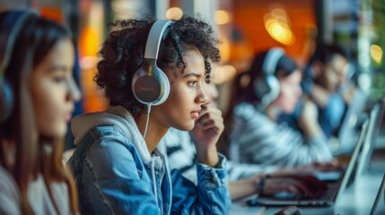 Obraz premium A group of individuals wearing headphones and working on their laptops together.