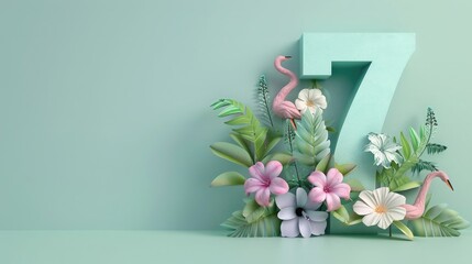 3D number "7" with pastel colored flowers and leaves on a light green background, minimal concept, copy space for text, studio