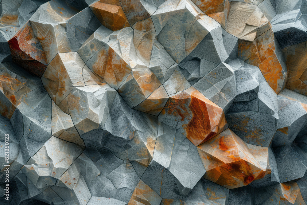 Poster Minimalist design with irregular polygons in earth tones, their chaotic arrangement creating a sense of natural harmony,