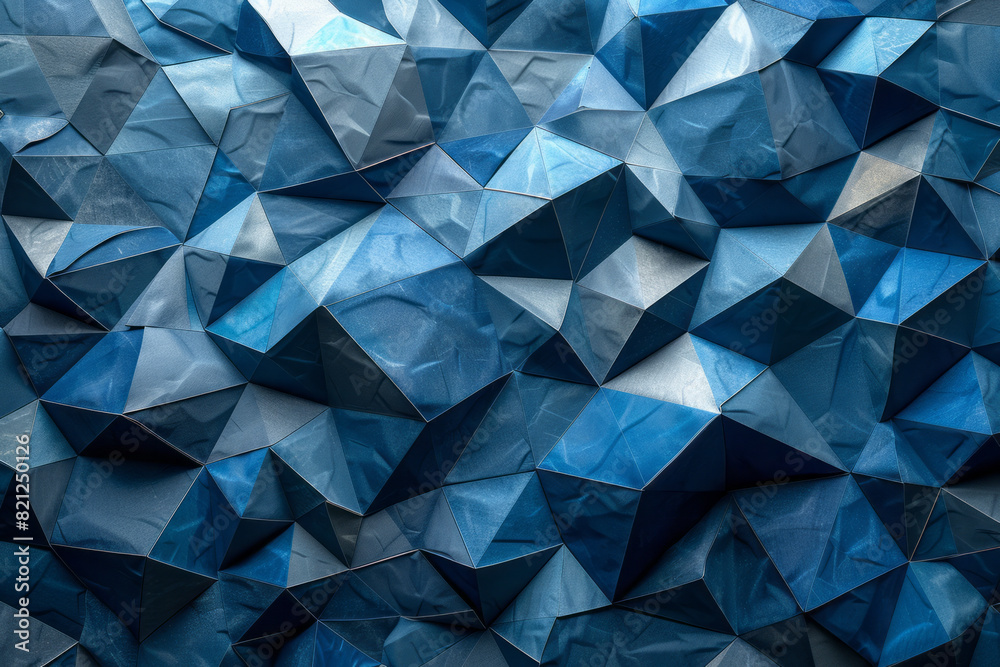 Poster illustration with irregular polygons in varying shades of blue, their placement forming a calming, b