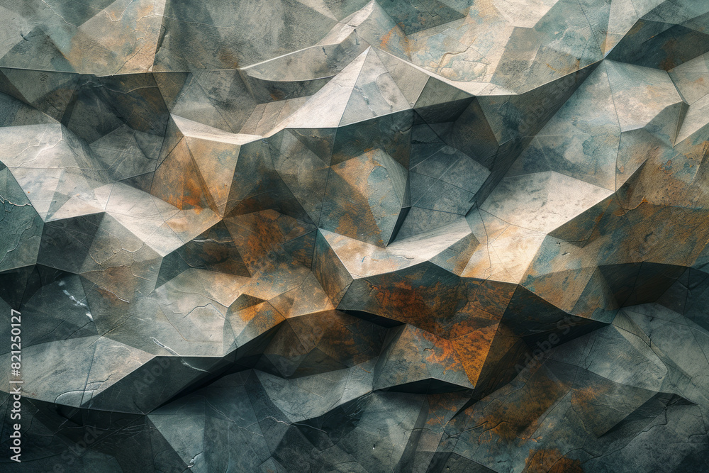 Poster Minimalist design with irregular polygons in earth tones, their chaotic arrangement creating a sense of natural harmony,