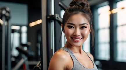 Fototapeta premium Beautiful attractive asian woman model fitness trainer smiling in the gym