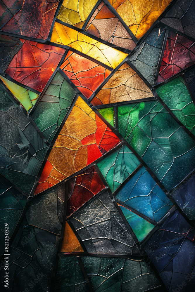 Leinwandbilder Abstract design with irregular polygons in contrasting bright and dark shades, their arrangement creating a visually striking and harmonious composition,