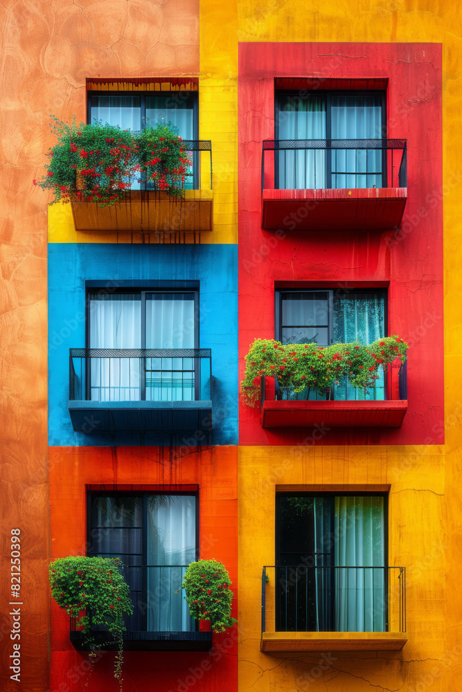 Poster Composition of vibrant colored blocks aligned asymmetrically, creating a dynamic yet balanced visual effect,