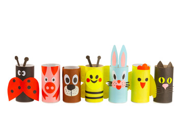 Toilet paper crafts isolated on white background. Kids crafts made with toilet paper roll. DIY. Handmade. Paper toys. Origami animals. Concept of children's educational games.