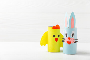 Toilet paper crafts on a colored background. Kids crafts made with toilet paper roll. DIY....