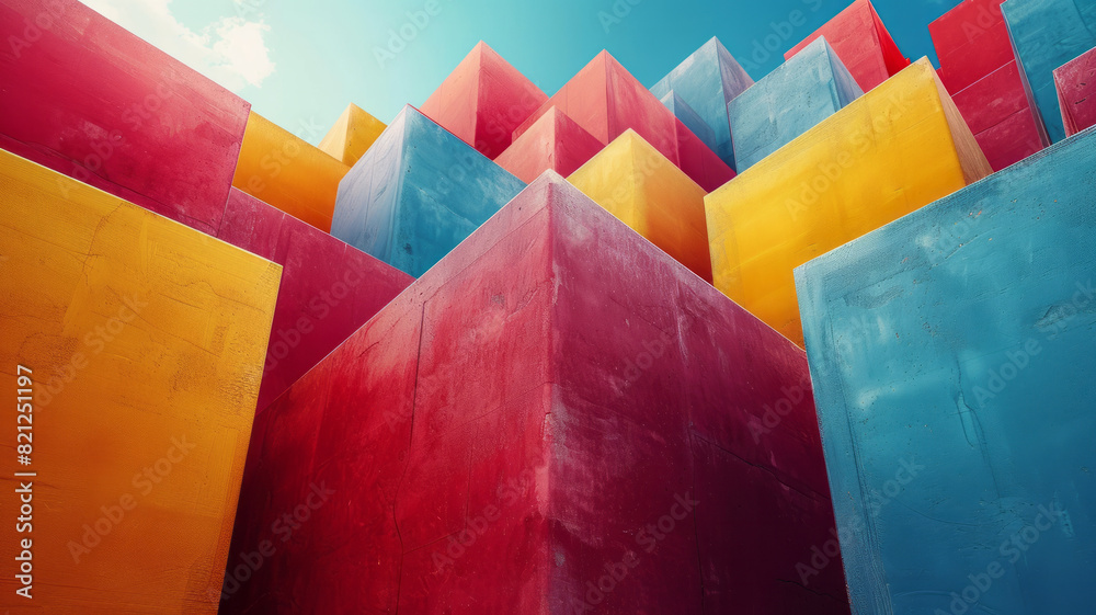 Poster Illustration with large blocks of complementary colors, placed at varying heights to create visual interest,