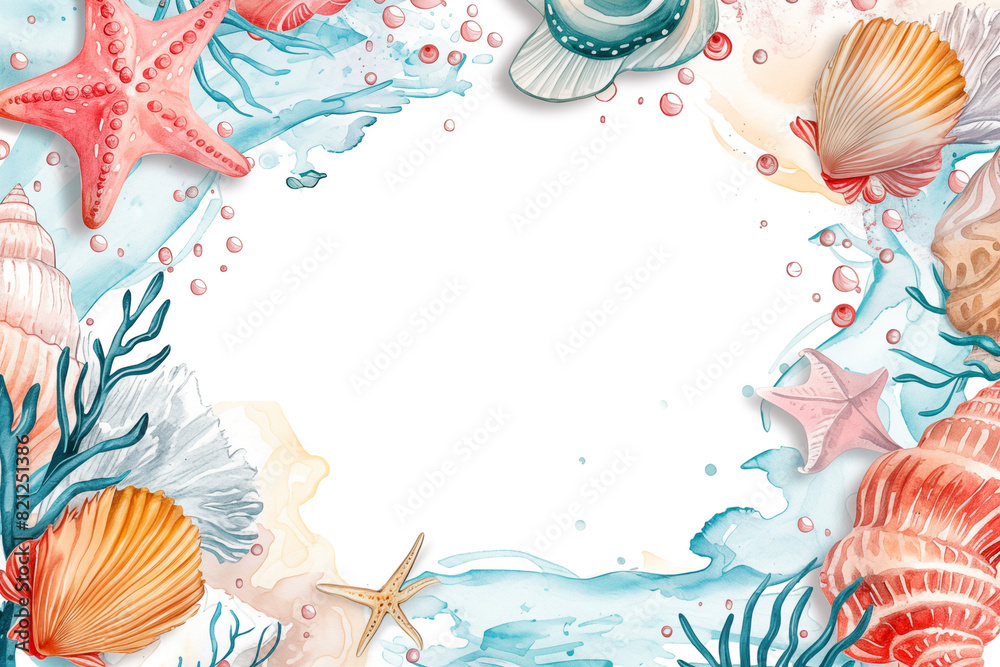 Sticker seashell and starfish frame with seaweed on white background