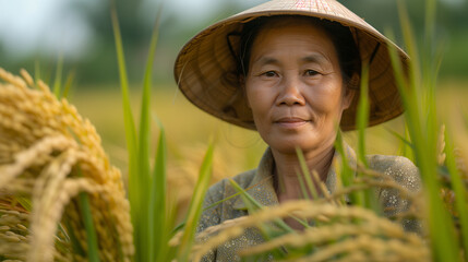 Portrait of a Resilient Asian Farmer Woman in the Rice Fields