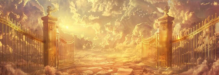 Naklejka premium Beautiful heaven gates with golden light, dreamy clouds, and a divine, ethereal atmosphere. Perfect for spiritual or fantasy themes.