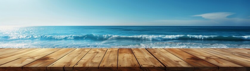 Fototapeta premium Beautiful sunny day at the beach with clear blue skies and gentle waves in the ocean viewed from a wooden deck.
