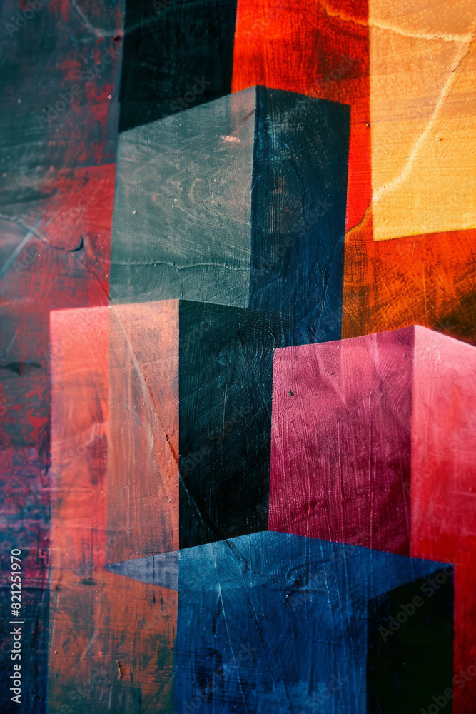 Leinwandbilder Abstract artwork with large blocks of complementary colors, placed in a layered composition to create depth and interest,
