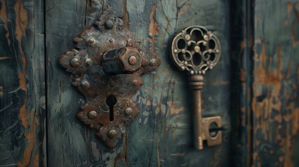 A vintage skeleton key inserted into a tarnished lock, highlighting the beauty of aged metalwork.