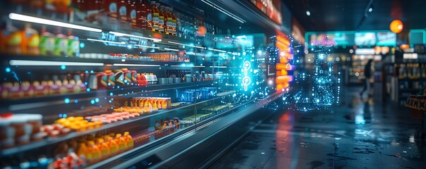 Futuristic global marketplace, holographic displays of products floating over an interactive, touchsensitive payment panel