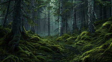 deep moody atmospheric forest vibrant green color, trees and moss in north and wet region of Earth