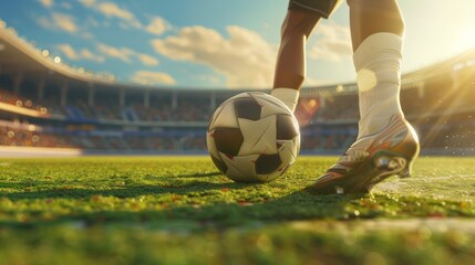 Epic feet of soccer player step on soccer ball for kick off in sunny stadium. Partial Generative AI.