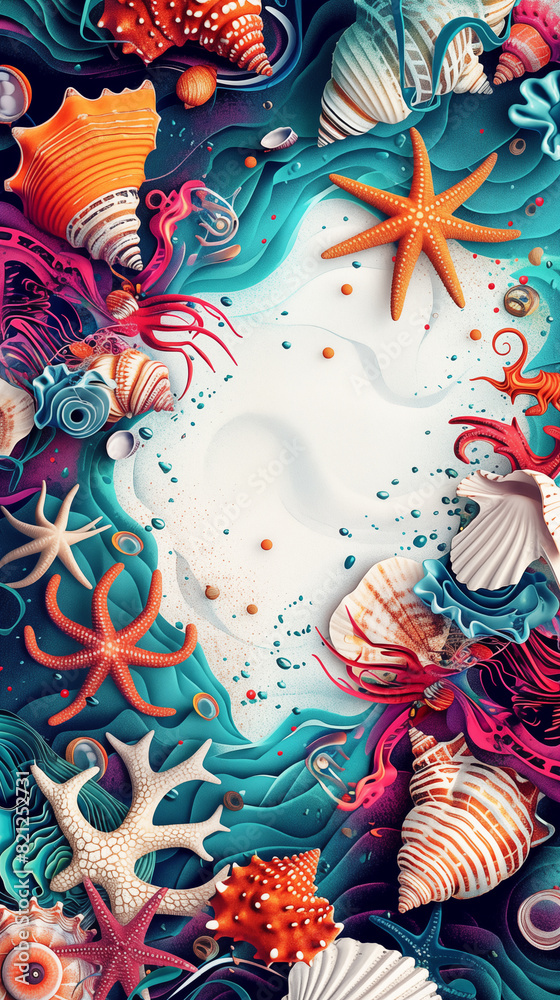 Wall mural underwater marine frame with starfish and seashells swirling around white background with copy space