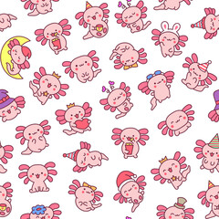 Cute kawaii little axolotl. Seamless pattern. Smiling nice cartoon animal character. Hand drawn style. Vector drawing. Design ornaments.