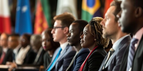 A row of diverse delegates at an international conference with blurred faces to maintain anonymity