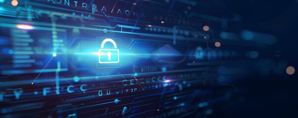Obraz premium Digital cybersecurity protection concept with a glowing lock icon on a futuristic, technology-oriented background.