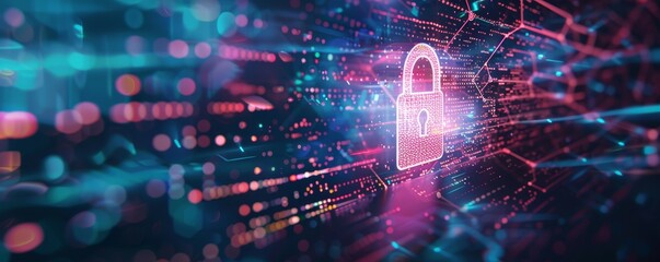 Obraz premium Digital security concept with a glowing padlock and virtual data flow. Cyber protection and information safety in technology-driven world.