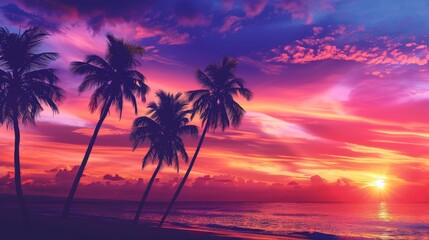 Obraz premium Dramatic tropical sunset with vibrant colors, silhouetted palm trees, and serene ocean waves. Perfect for travel and relaxation visuals.