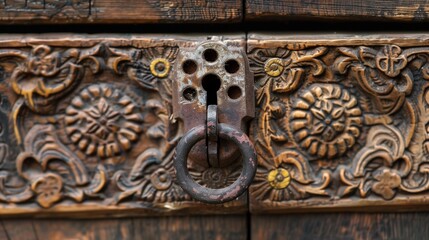 An ancient wooden chest lock with intricate carvings, hinting at hidden treasures of the past.