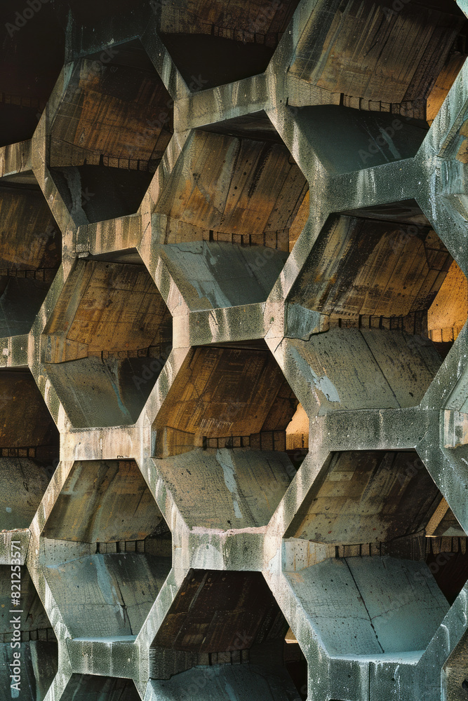 Aufkleber composition of intersecting hexagons with varying opacities, forming a layered, beehive-like pattern